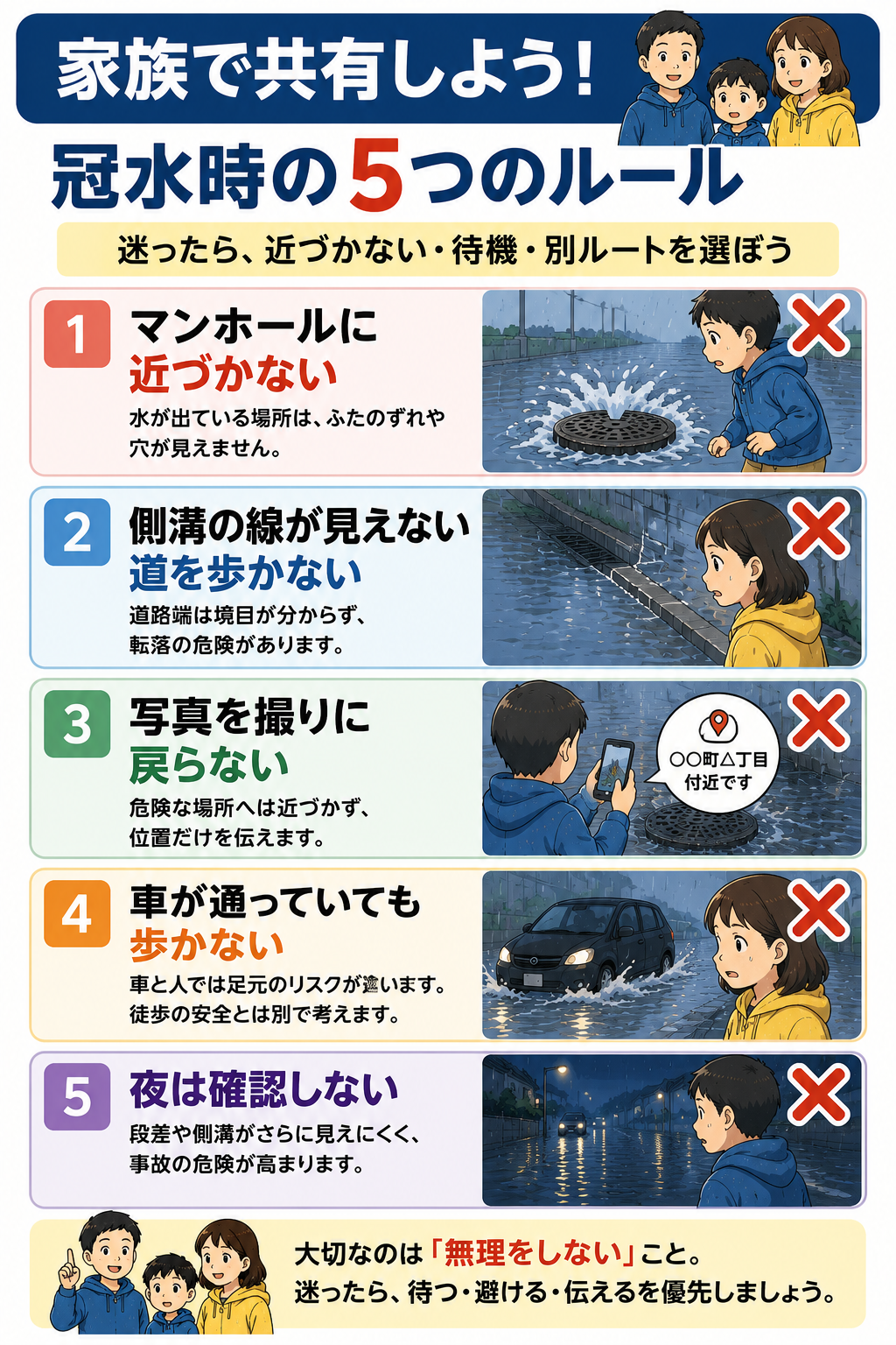 生成された画像:冠水時の家族安全5つのルール