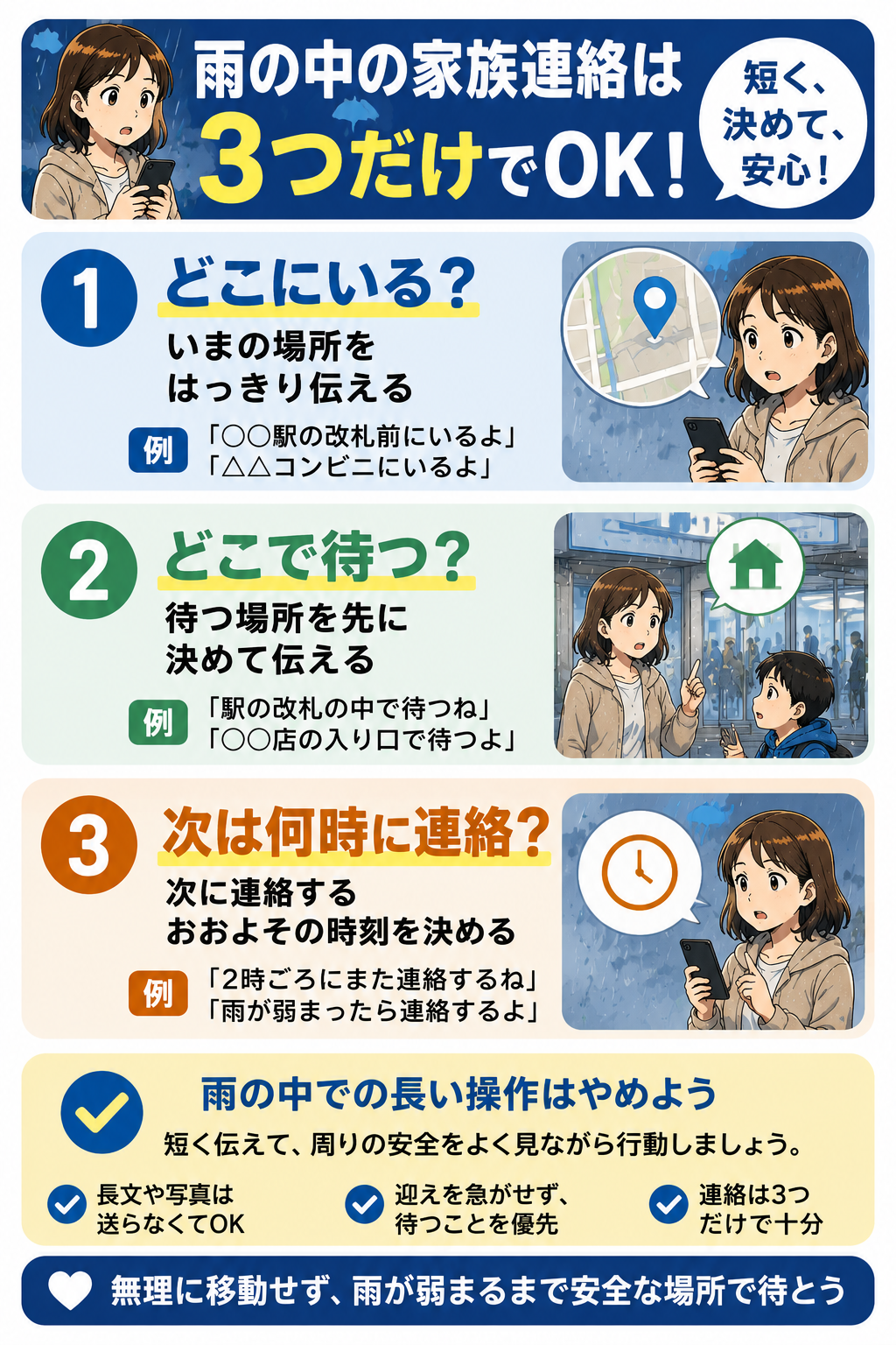 ゲリラ豪雨の中で家族へ伝える3つの連絡内容をまとめた図解