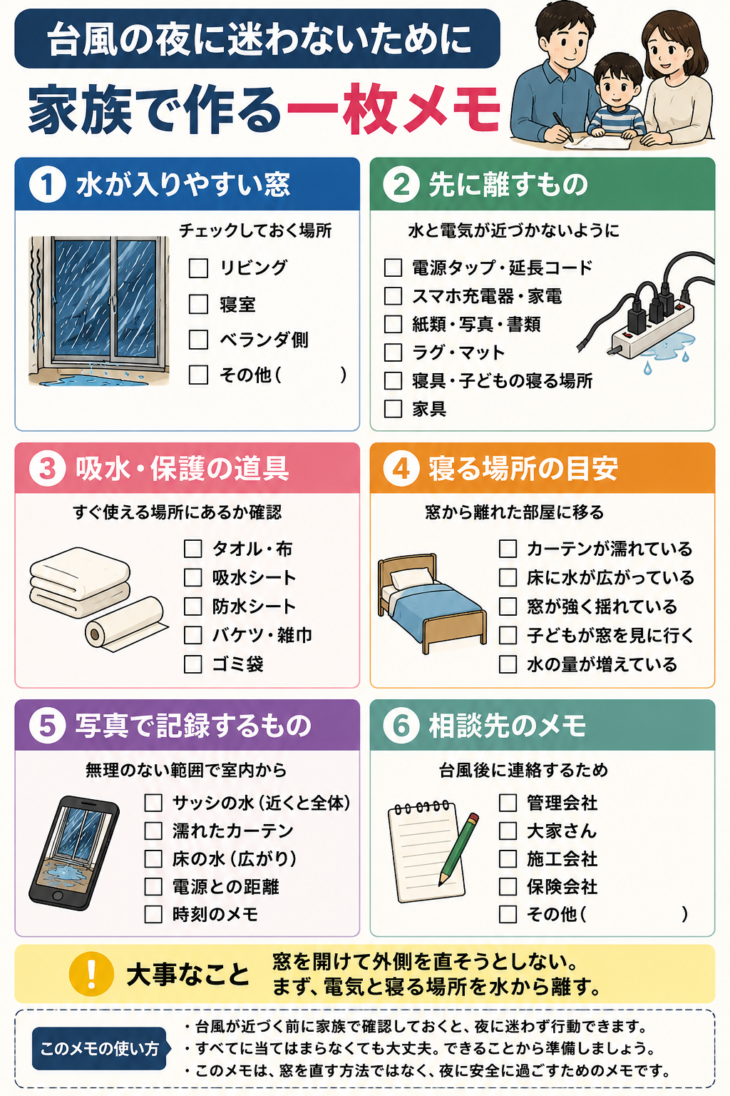 台風で窓から雨が入った時に備えて、水が入りやすい窓や移動する物、記録項目や相談先をまとめた家族向けチェックリスト
