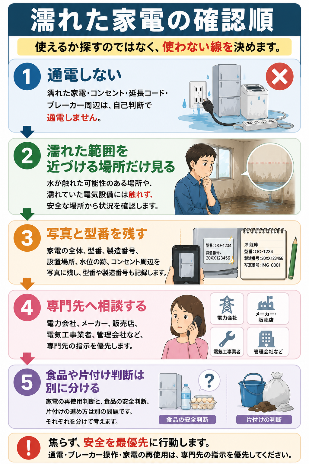 濡れた家電の確認順を5ステップで整理した防災図解