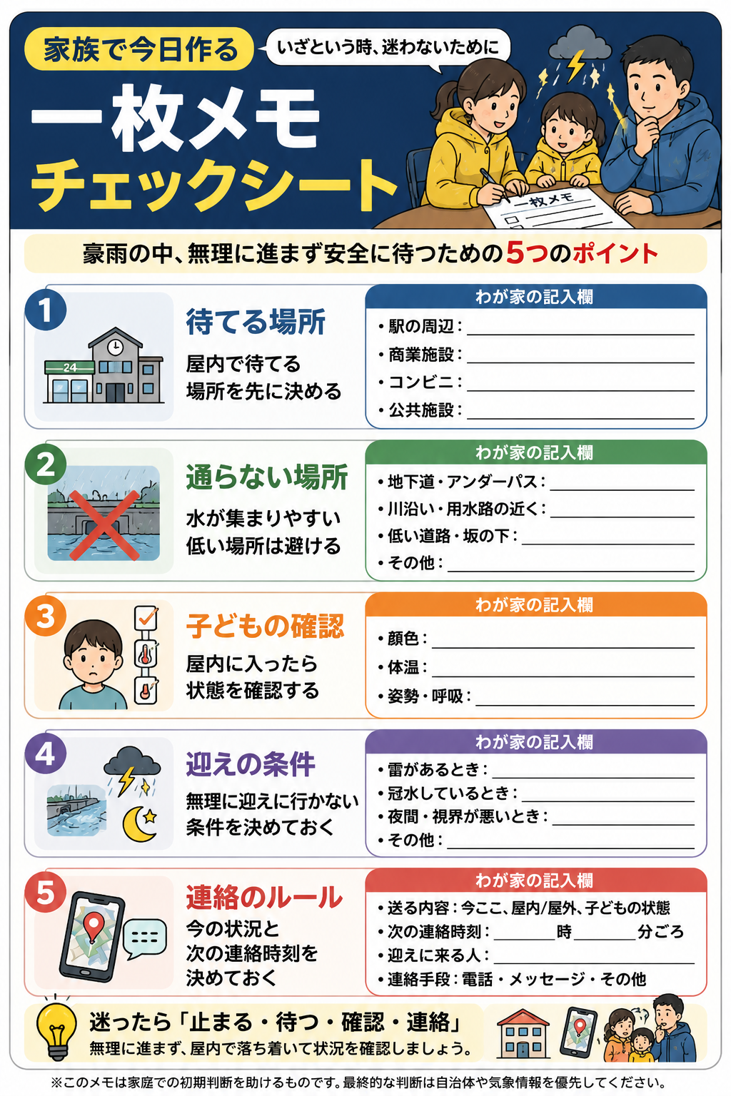 ゲリラ豪雨時の自転車・ベビーカー移動に備える家族向け一枚メモチェックシート
