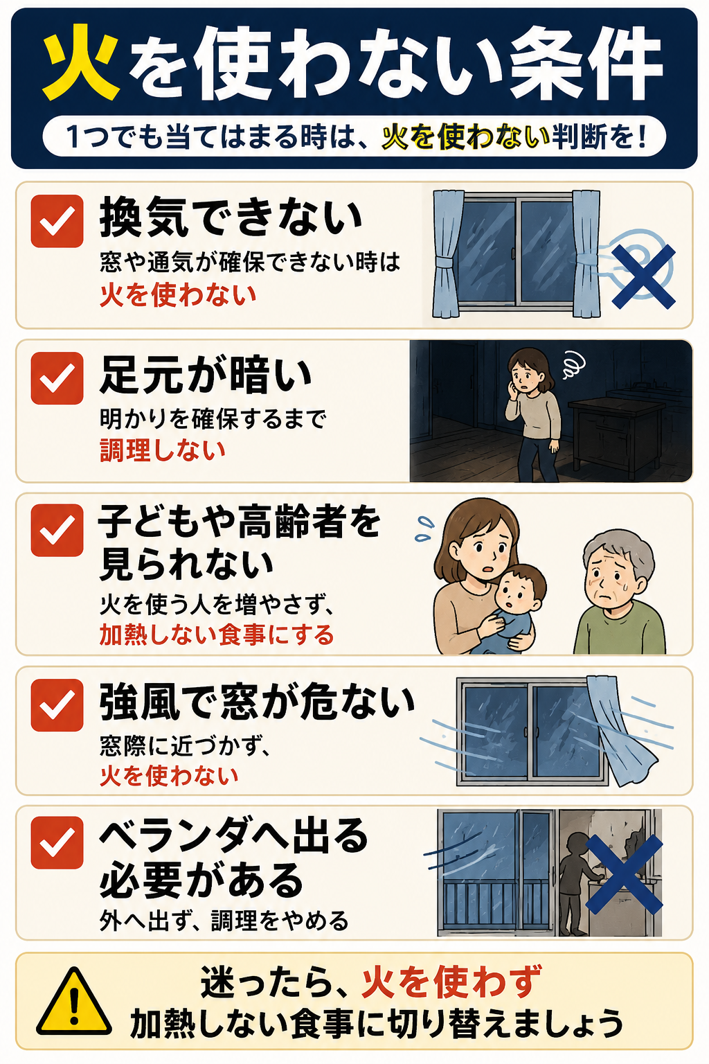 停電時に火を使わない条件を一覧で示したチェックリスト図解
