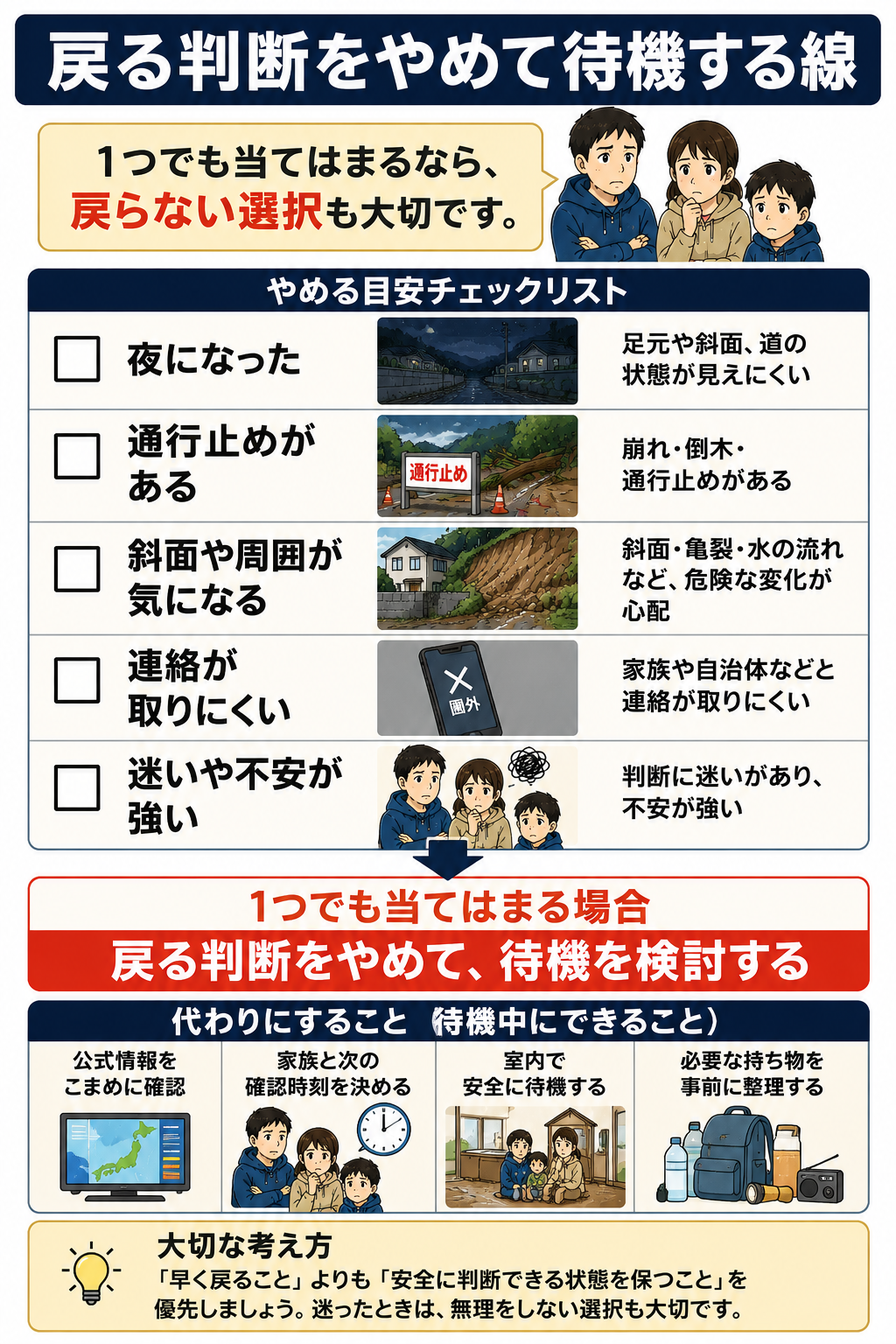 大雨後に土砂災害が心配な家へ戻っていい？斜面・道・室内の確認順で家族が共有する一枚メモの図解