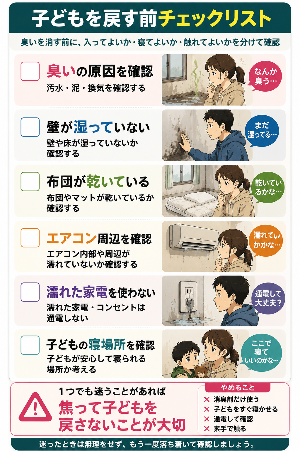 浸水後に家が臭う・カビが心配な時は?子どもを戻す前の確認で家族が共有する一枚メモの図解