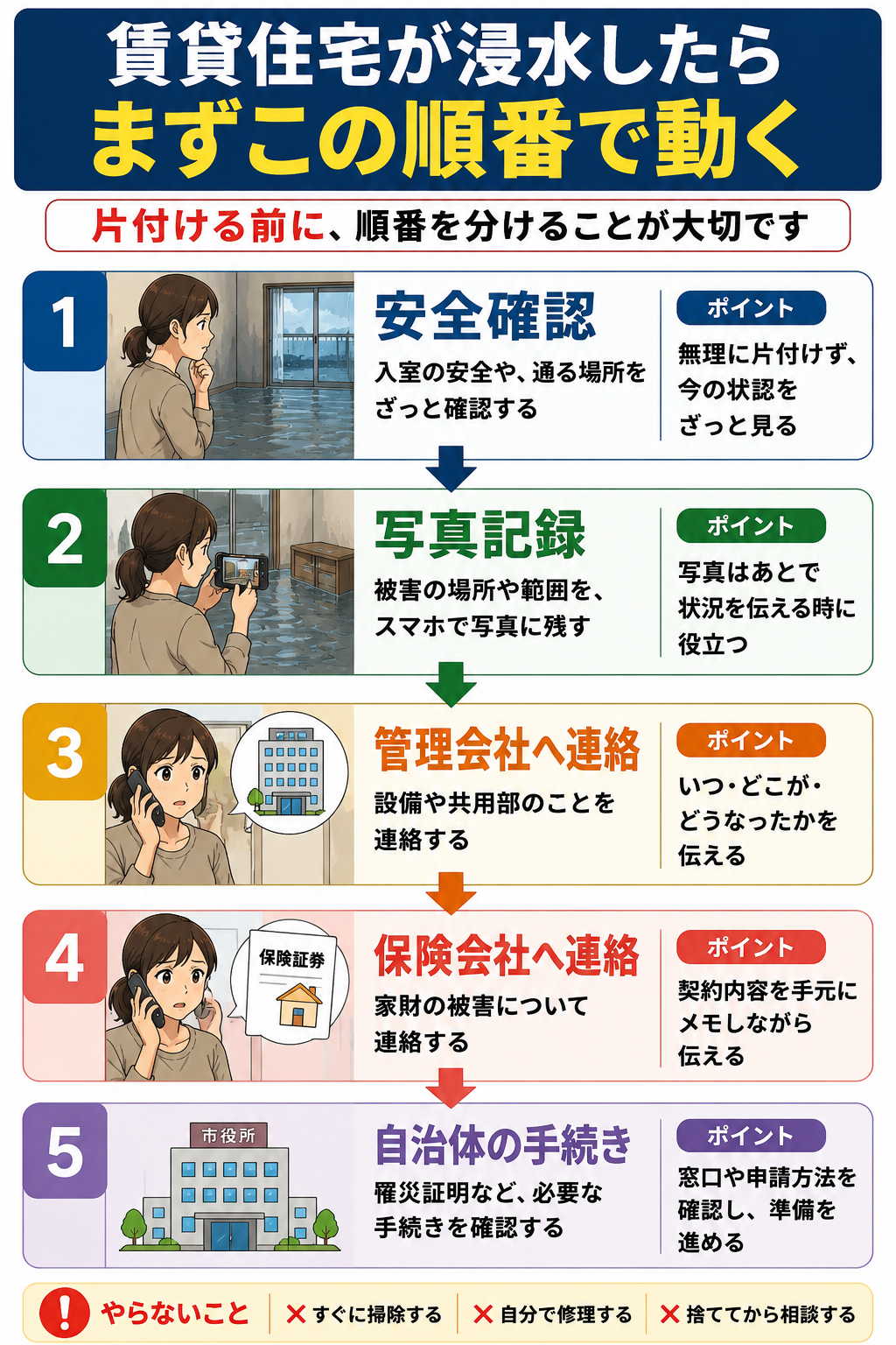 賃貸住宅が浸水したら誰に連絡する?大家・管理会社・保険の順番で家族が共有する一枚メモの図解