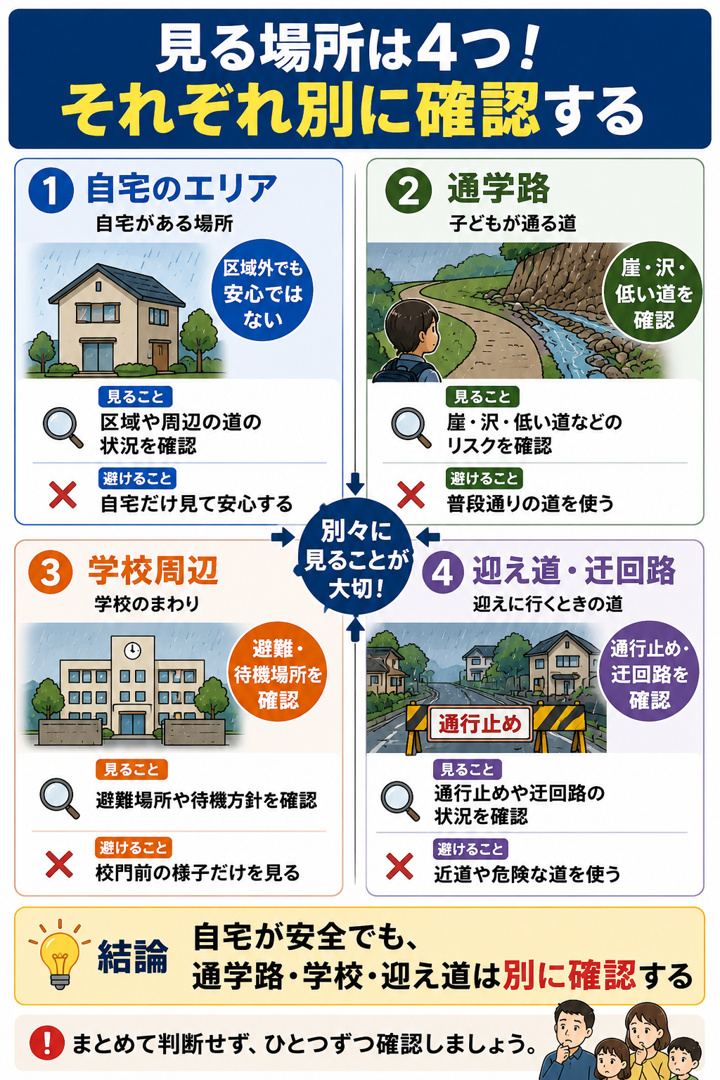 自宅が区域外でも通学路が土砂災害リスクなら？学校・迎え・迂回の確認で家族が共有する一枚メモの図解