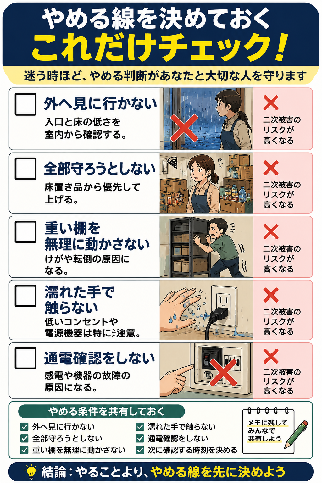 低い玄関や店舗に水が入りそうな時は?商品・書類・電源を上げる順番で家族が共有する一枚メモの図解