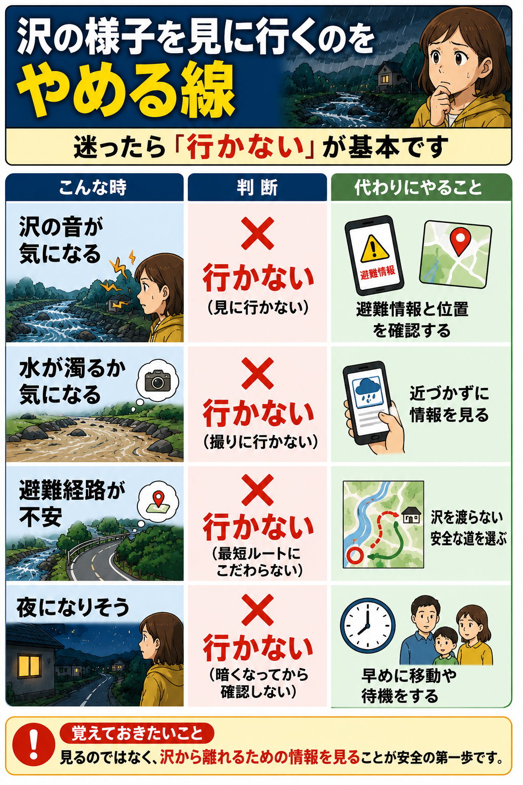 土石流が心配な沢沿いの家は何を見る？音・水の濁り・避難経路の確認で家族が共有する一枚メモの図解