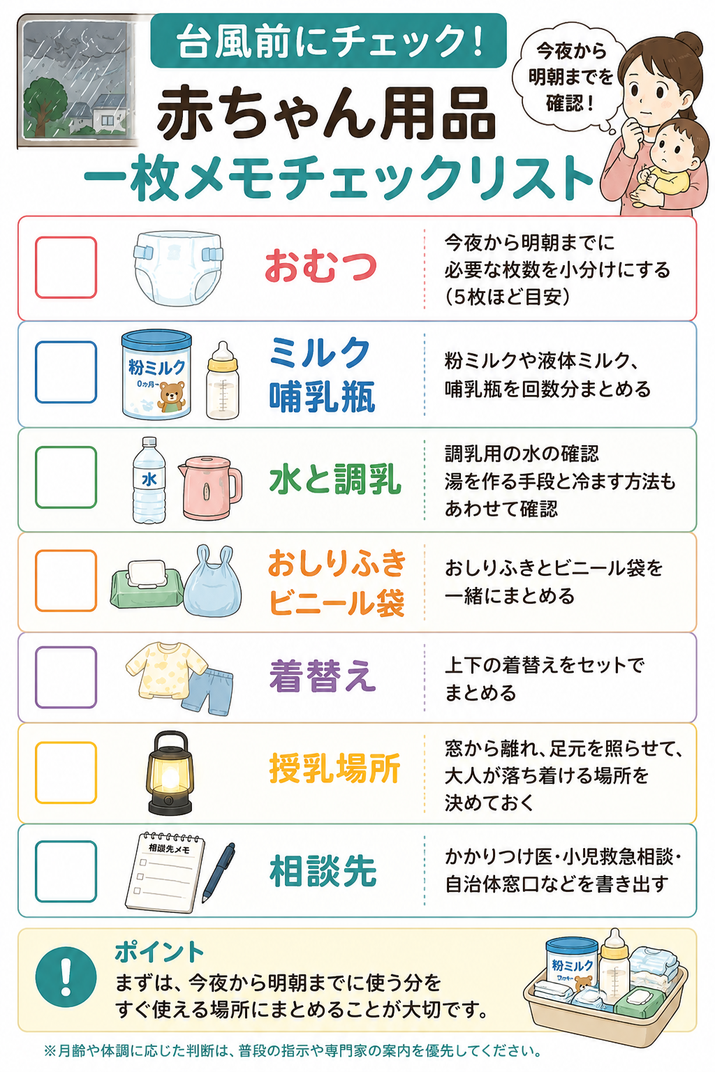 台風前に確認する赤ちゃん用品の一枚メモチェックリスト