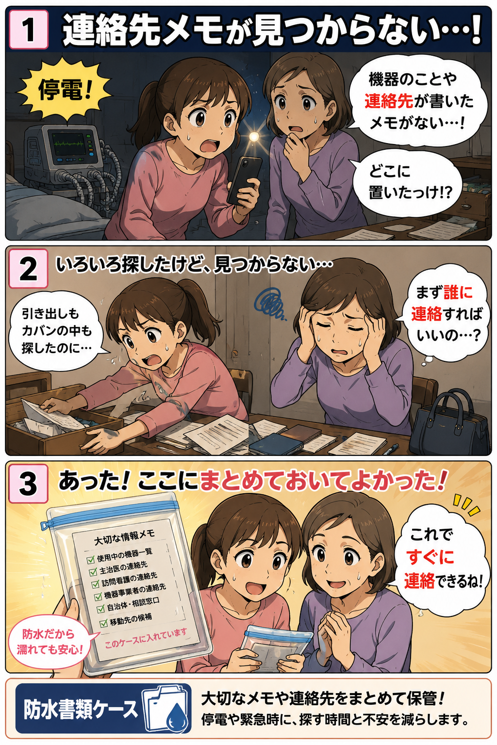 停電時に防水書類ケースから連絡先メモを見つける母娘の3コマ漫画