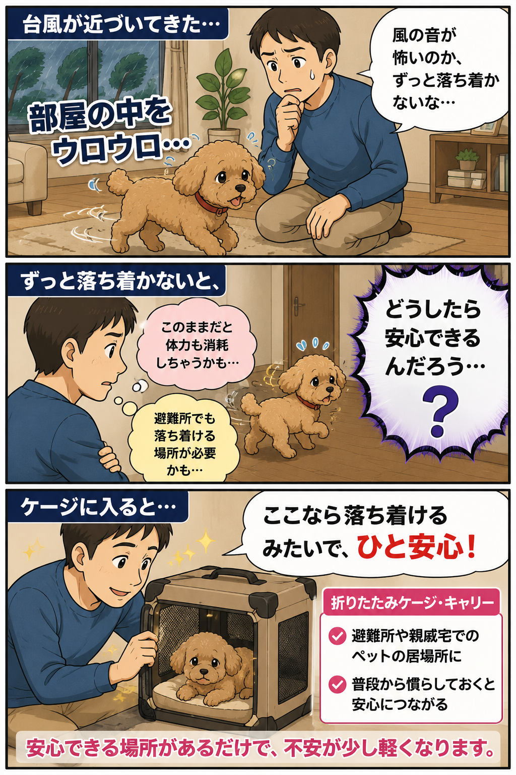 台風時に落ち着かない犬のために折りたたみケージやキャリーで居場所を作る父親の漫画