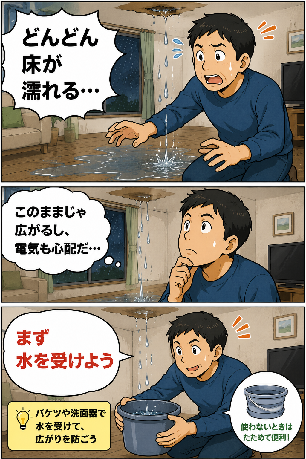 雨漏りの水が床に広がり、父親が折りたたみバケツで水を受ける漫画