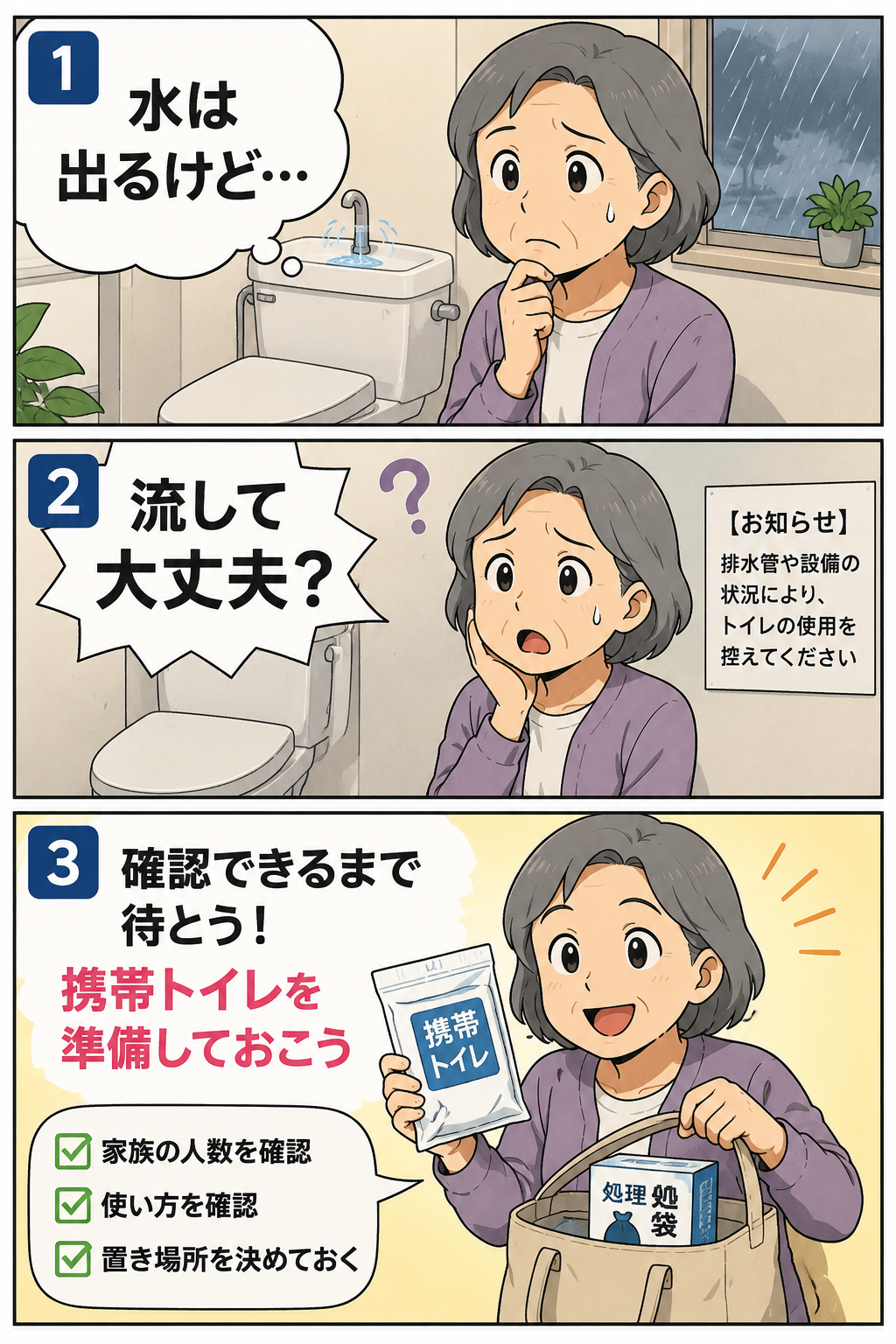 水は出るが流してよいか分からない時に携帯トイレを準備する祖母の漫画