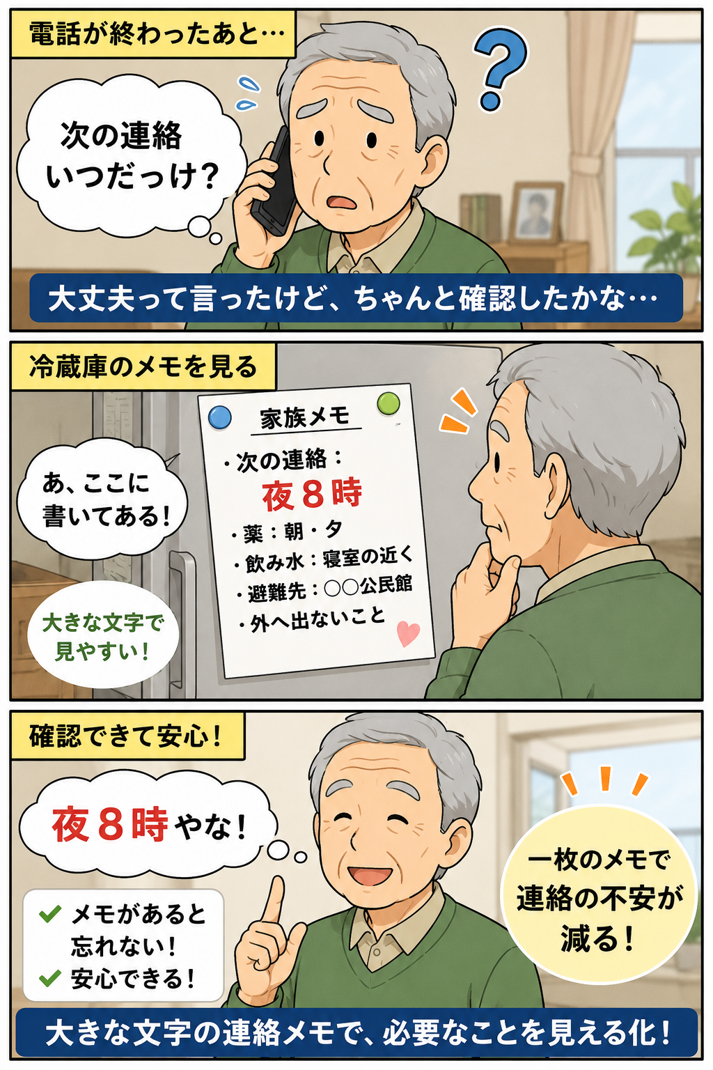 台風前に高齢の父親が冷蔵庫の大きな文字の連絡メモを見て次の連絡時刻を確認する漫画
