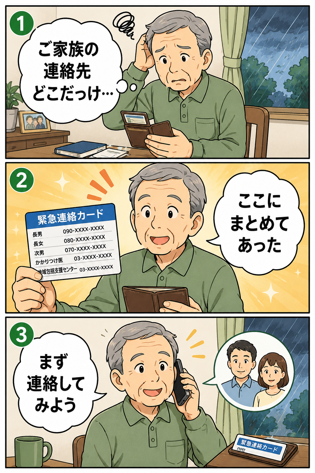 高齢男性が緊急連絡カードで家族や地域窓口の連絡先を確認する3コマ漫画