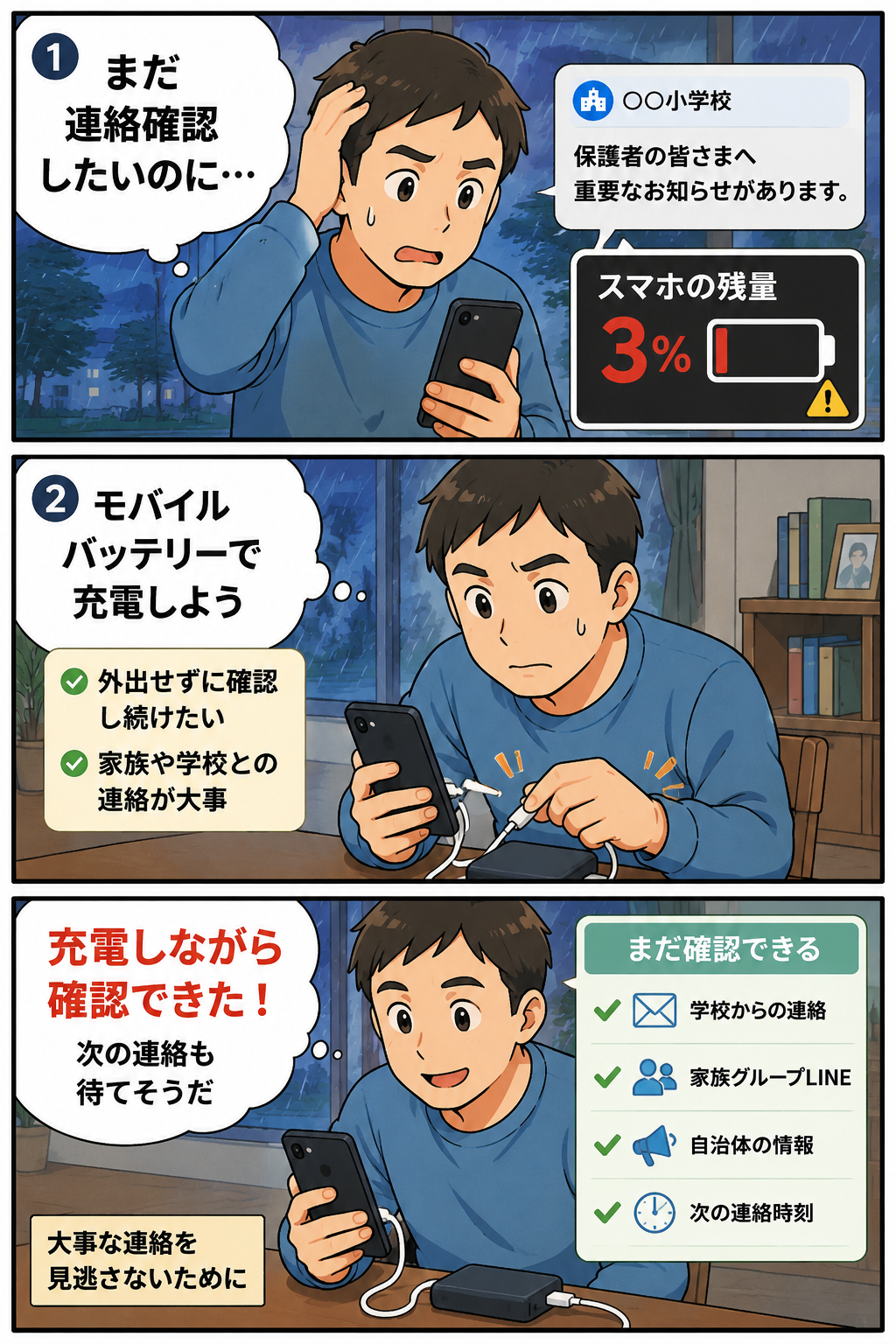 台風時にスマホ残量が少ない父親がモバイルバッテリーで充電しながら学校や家族の連絡を確認する漫画