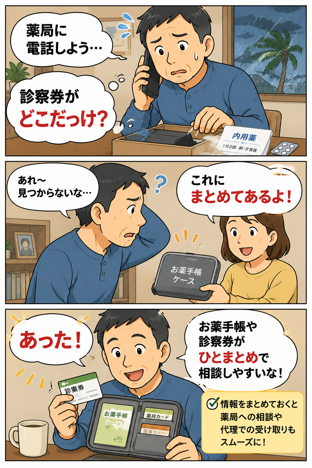 お薬手帳ケースで診察券やお薬手帳をまとめて薬局相談をしやすくする漫画
