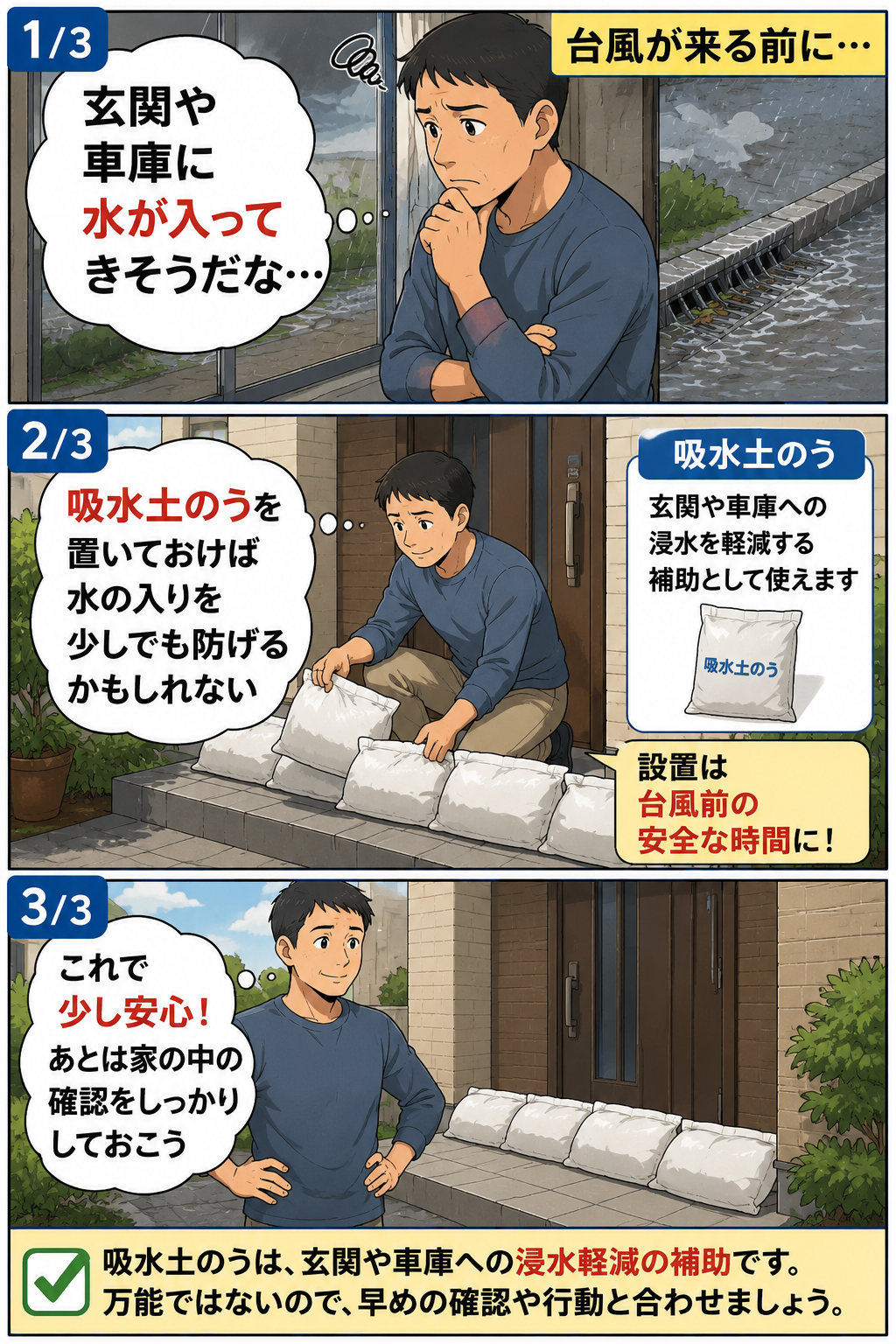 台風前に父親が玄関前へ吸水土のうを設置して浸水軽減の準備をする漫画
