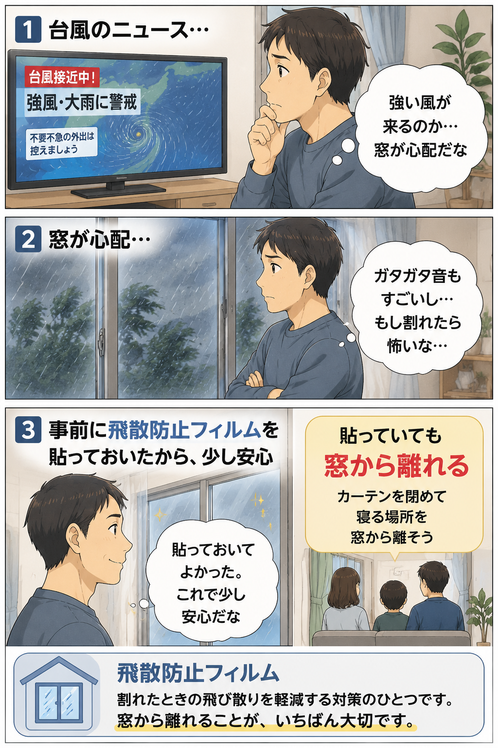 台風前に飛散防止フィルムを貼っていても窓から離れる父親の漫画
