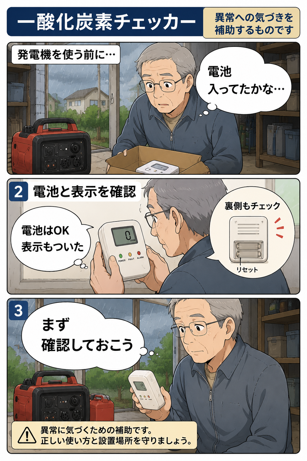 発電機を使う前に一酸化炭素チェッカーの電池と表示を確認する高齢男性の3コマ漫画
