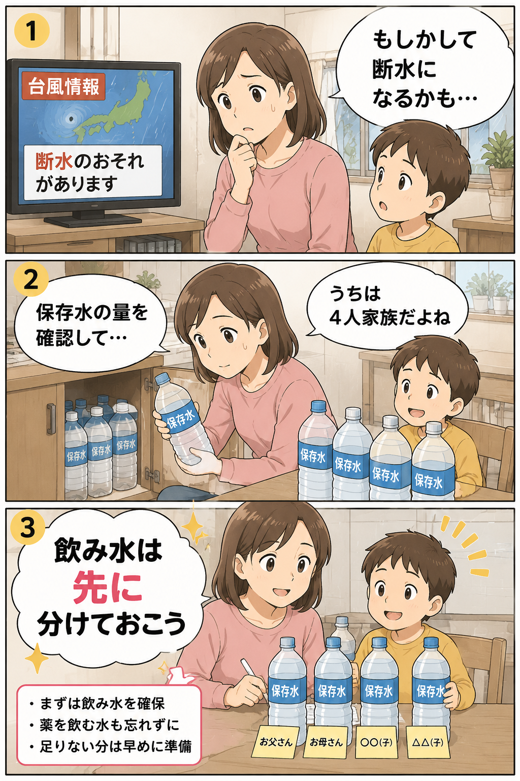 台風で断水しそうな時に母親と子どもが保存水を確認し、飲み水を先に分けておく漫画