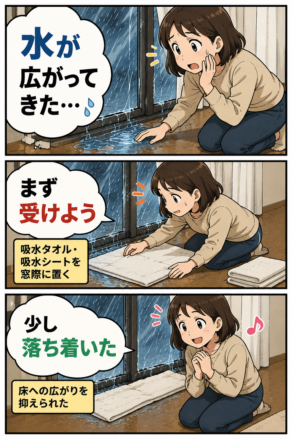 台風で窓際から床へ水が広がり、母親が吸水タオルや吸水シートを置いている3コマ漫画