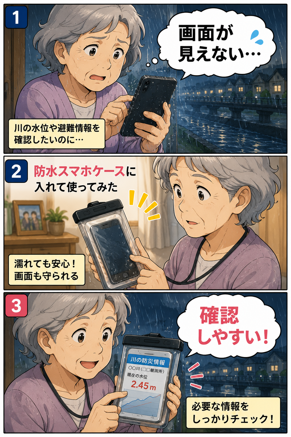 雨で濡れたスマホを防水スマホケースに入れて避難情報を確認しやすくする祖母の漫画