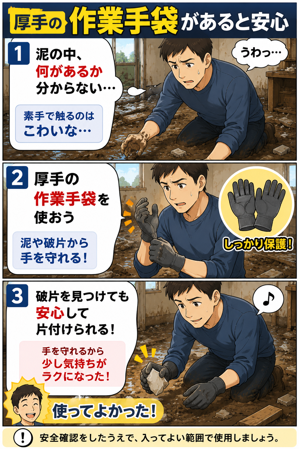 床上浸水後の泥の中の破片に備えて厚手の作業手袋を使う父親の漫画