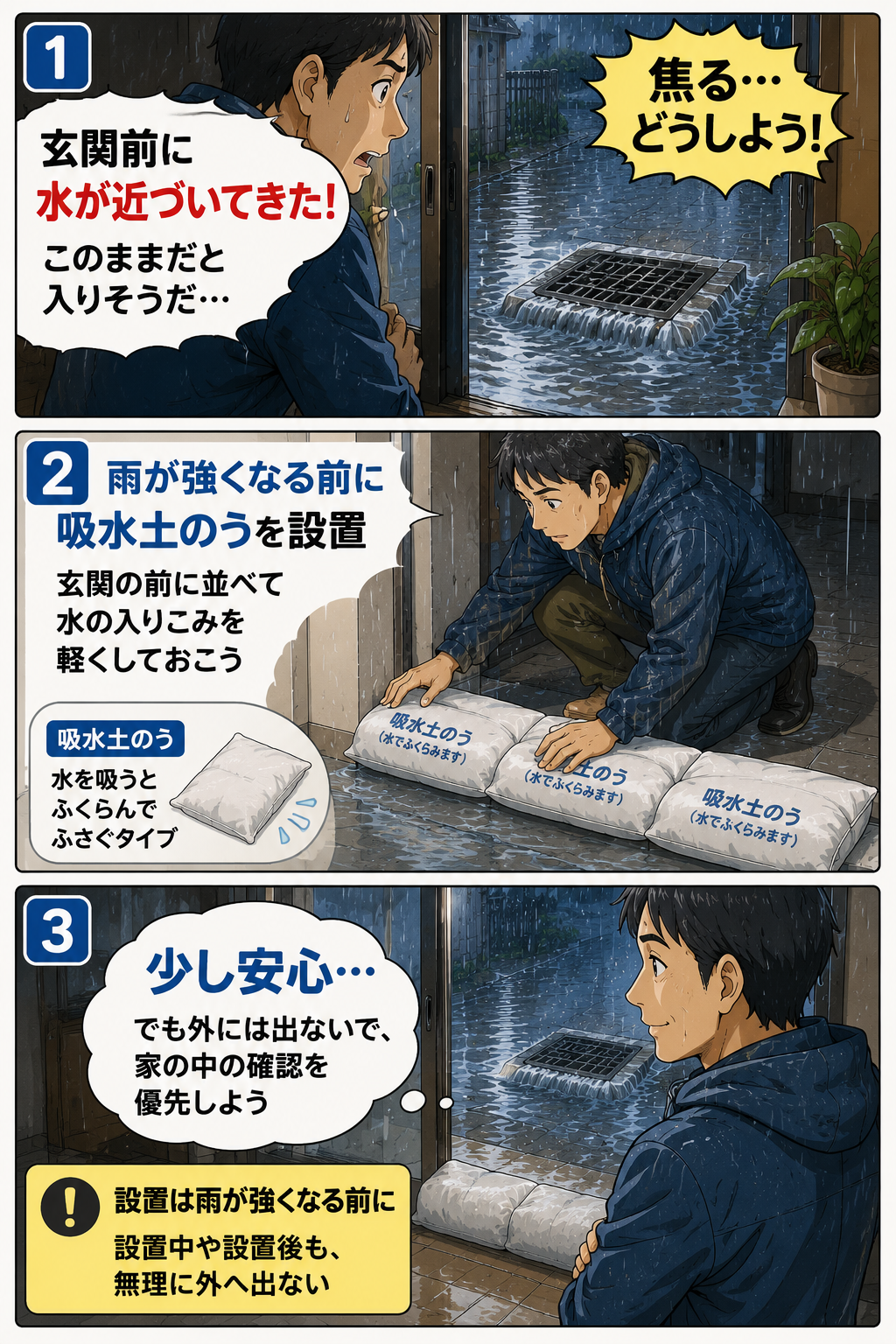 玄関前の少量浸水対策として吸水土のうを設置する父親の漫画