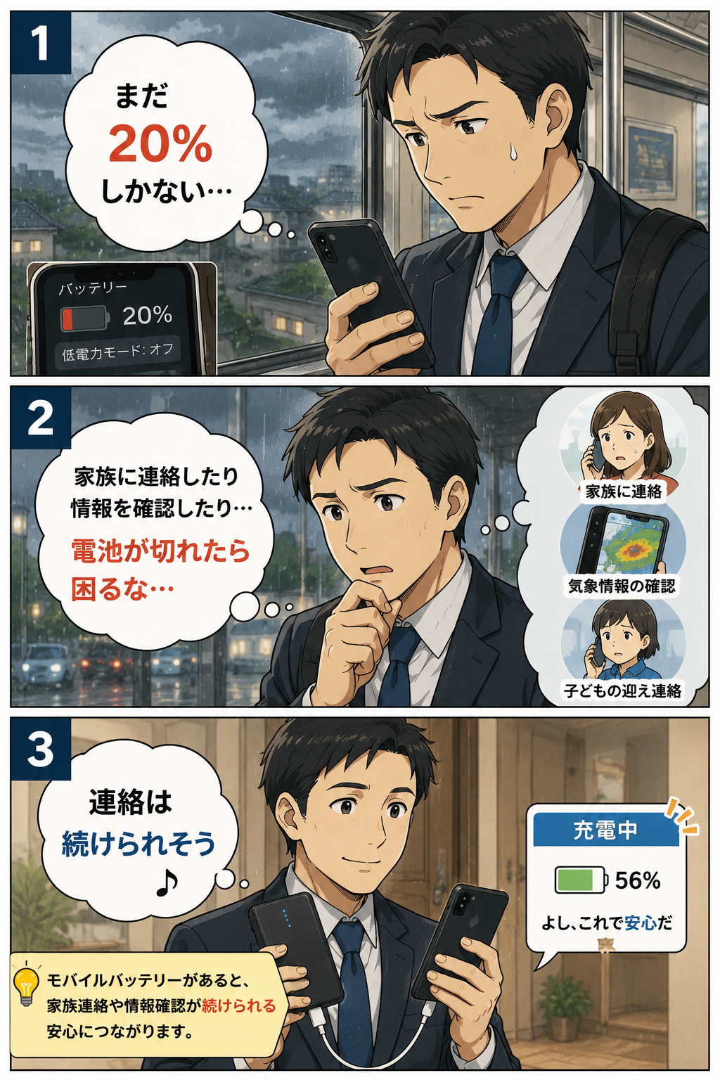 帰宅途中にスマホの電池残量が少なくなりモバイルバッテリーで連絡継続に備える会社員の父親