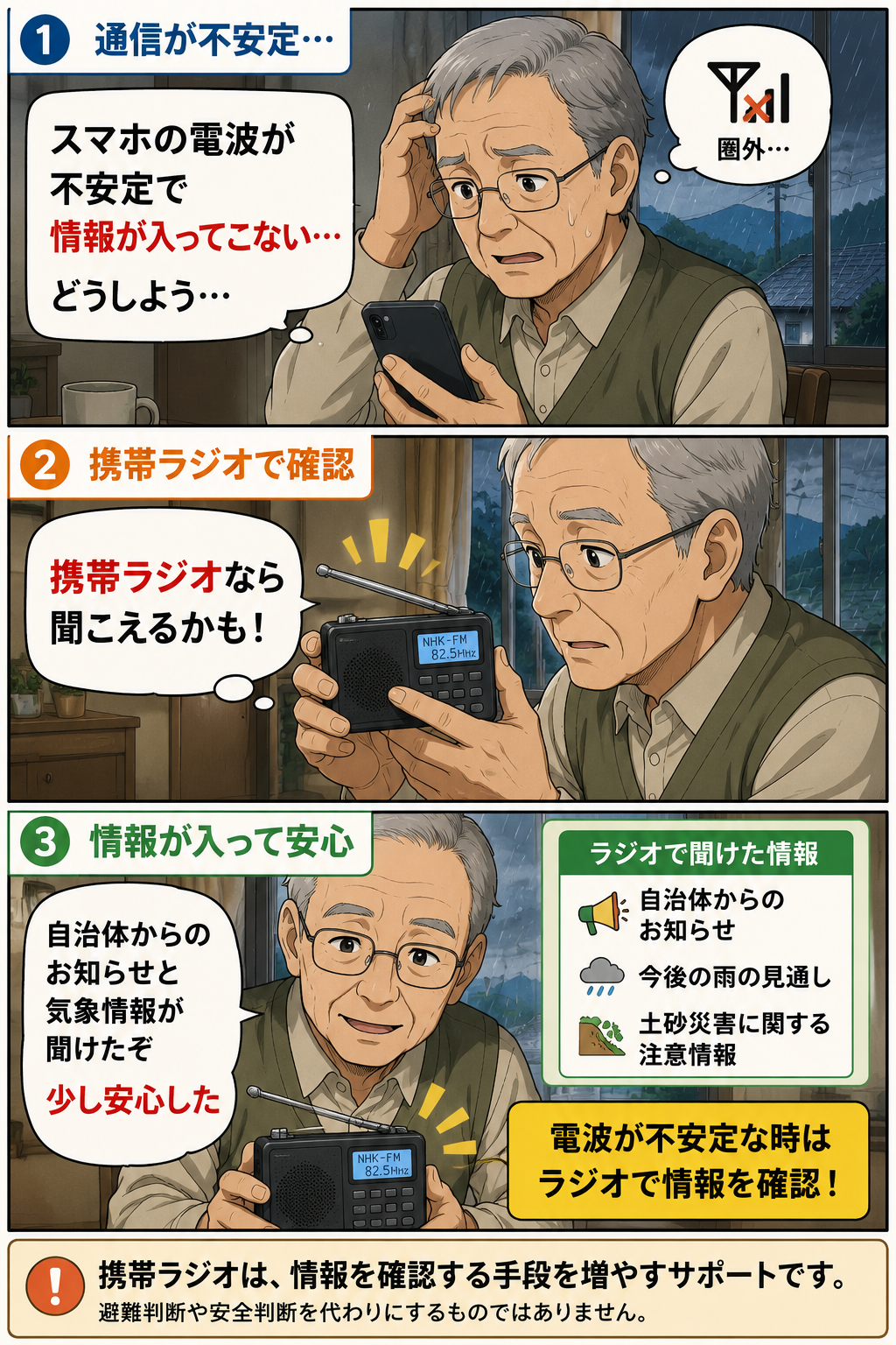 通信が不安定な時に祖父が携帯ラジオで自治体や気象情報を確認して少し安心する商品紹介漫画