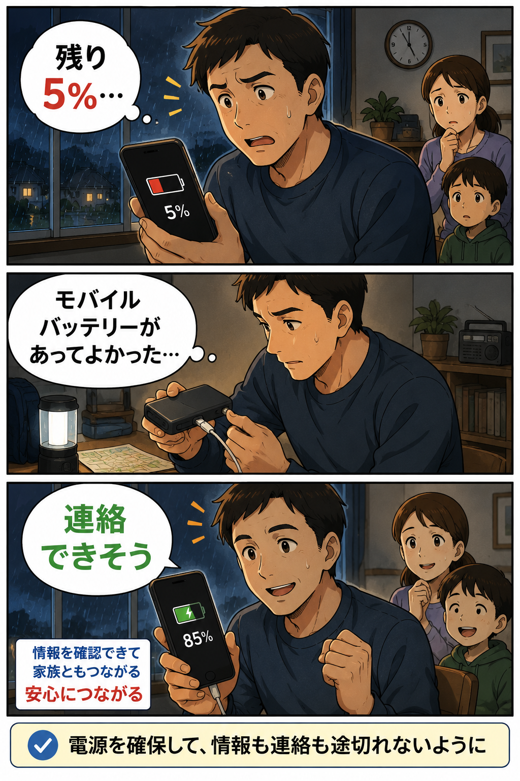 線状降水帯の大雨時に父親がモバイルバッテリーでスマホの電源を確保する漫画