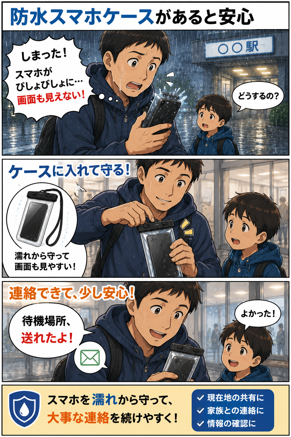 豪雨で濡れたスマホを防水スマホケースに入れて待機場所を連絡する父親の漫画