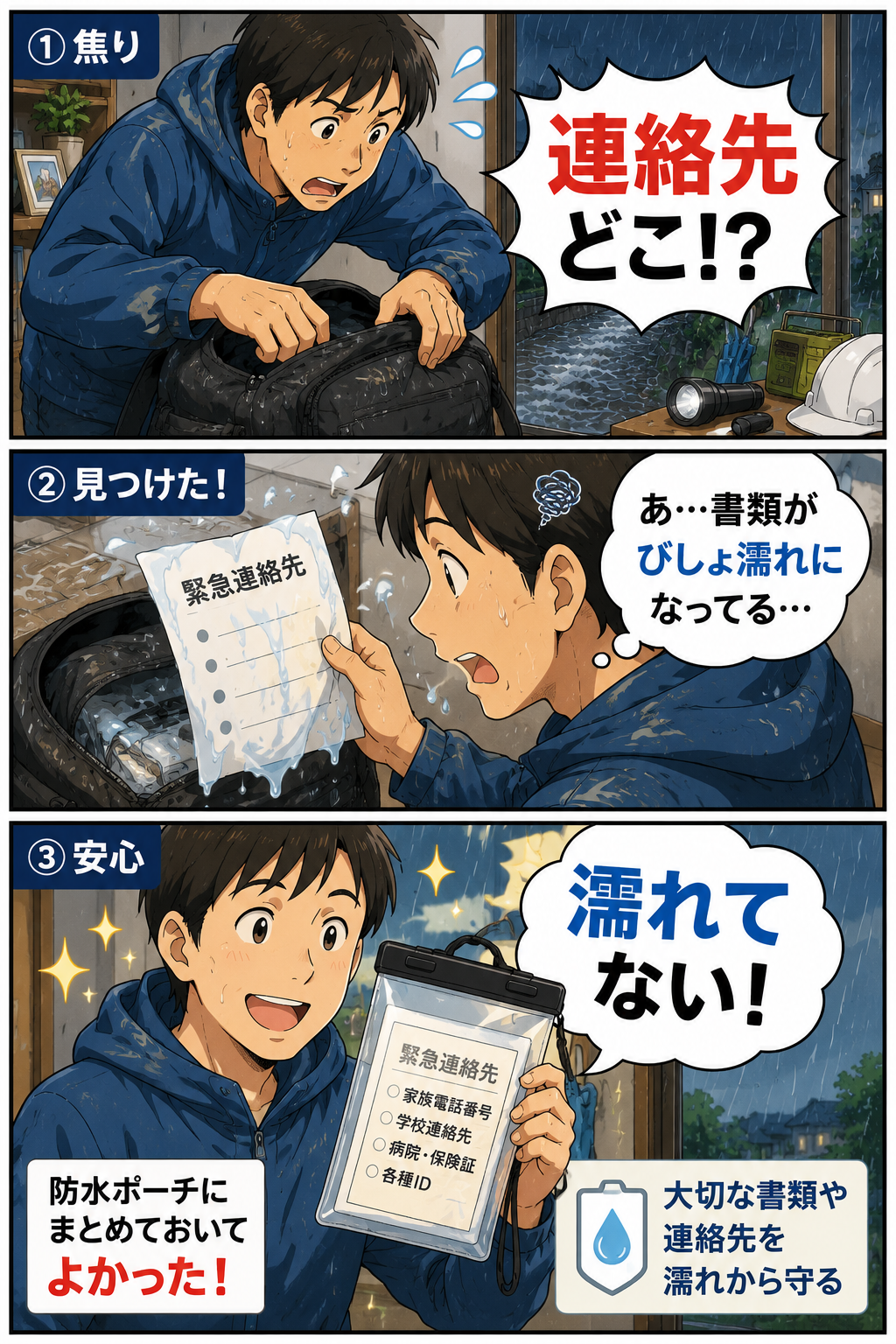 豪雨時に防水ポーチで連絡先メモや書類を濡れから守る父親の3コマ漫画