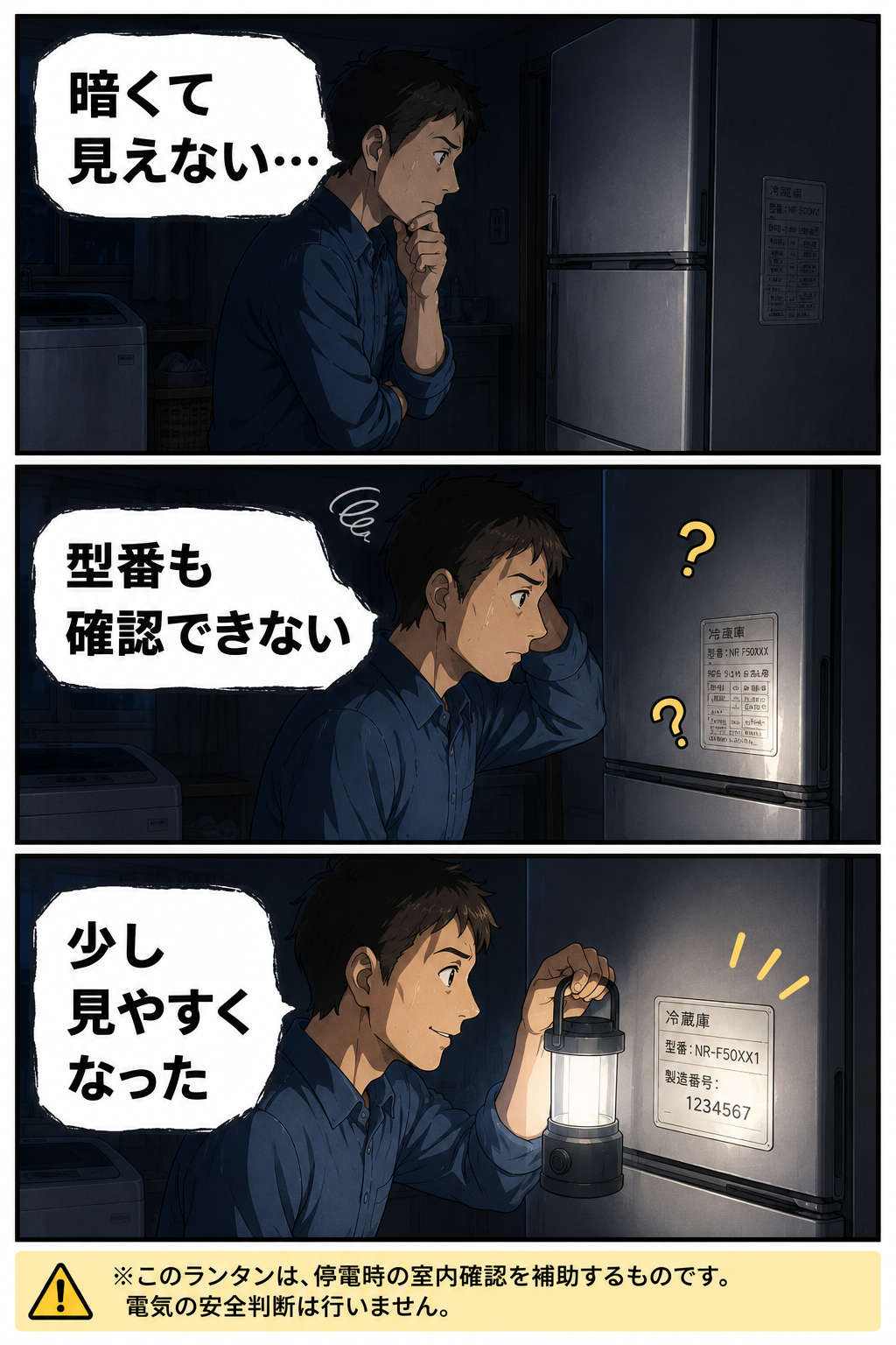停電中にLEDランタンで冷蔵庫の型番を確認しやすくする父親の3コマ漫画