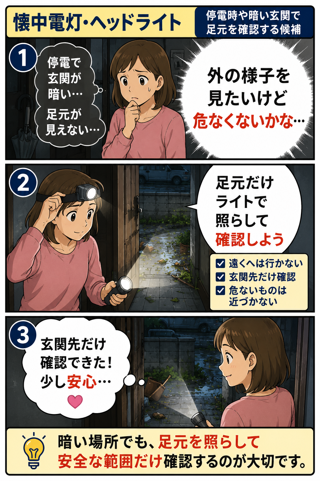 停電で暗い玄関先を懐中電灯とヘッドライトで確認する母親の漫画