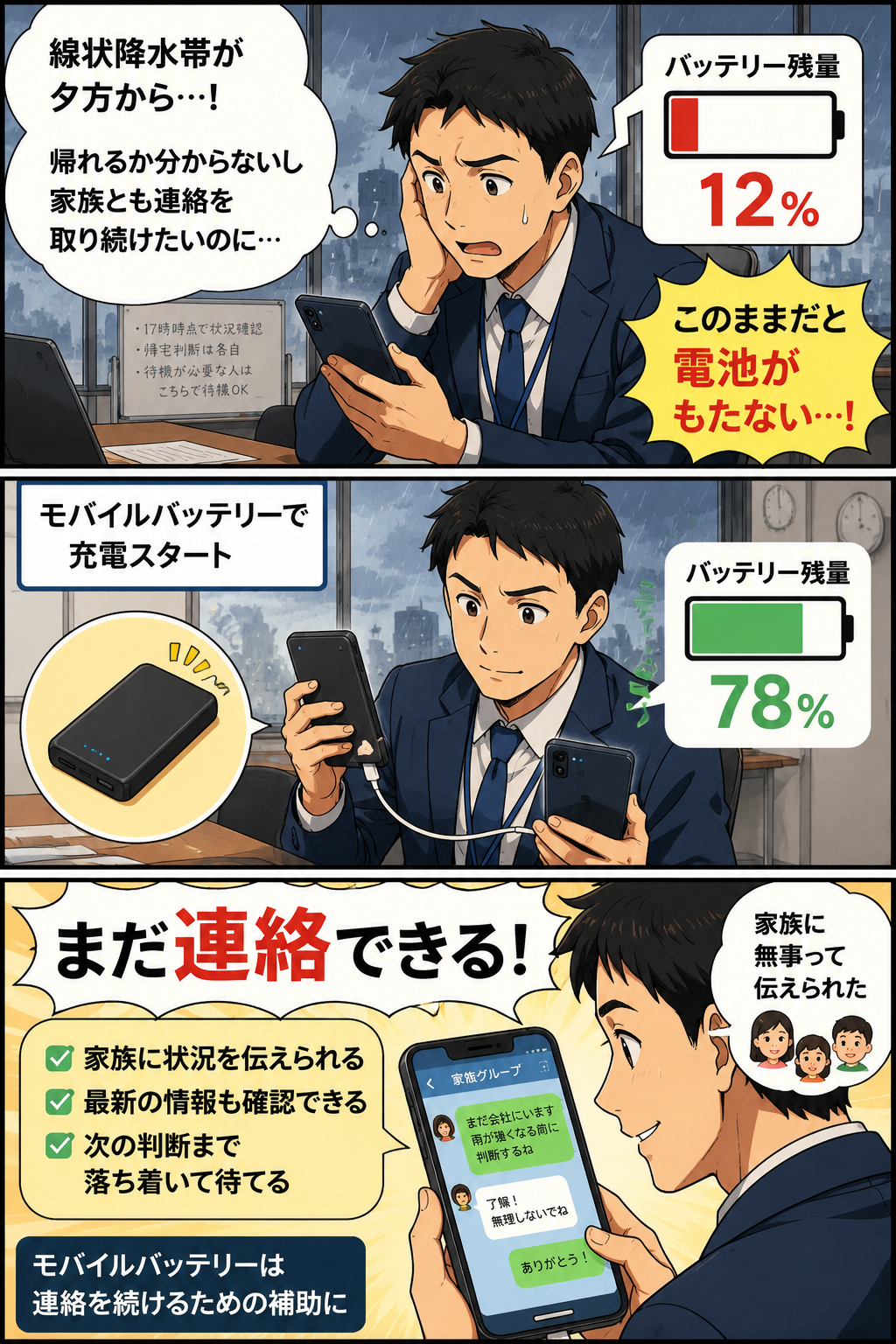 職場待機中の父親がモバイルバッテリーで家族との連絡を続ける漫画