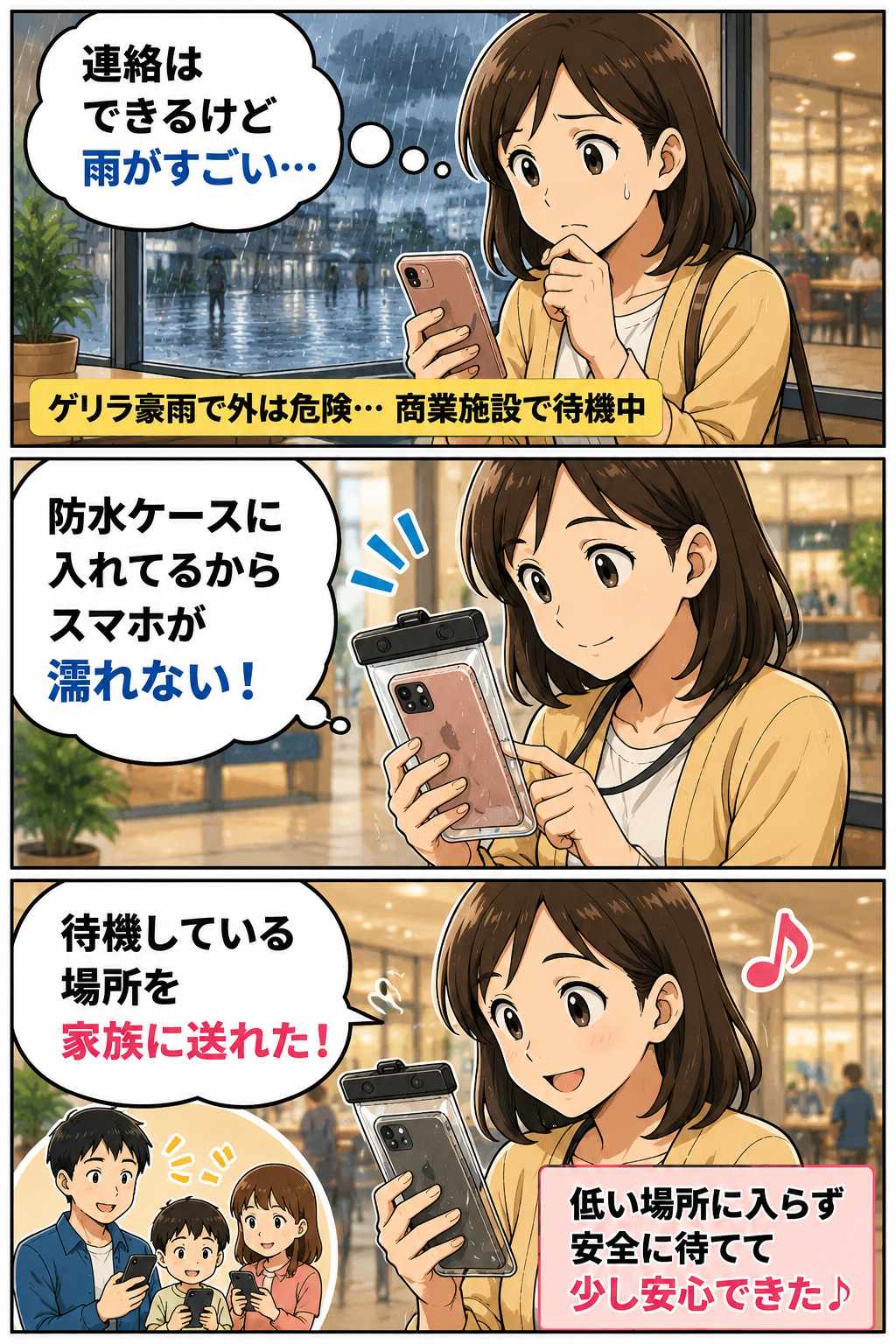 ゲリラ豪雨時に商業施設で待機しながら防水スマホケースで家族へ連絡する母親