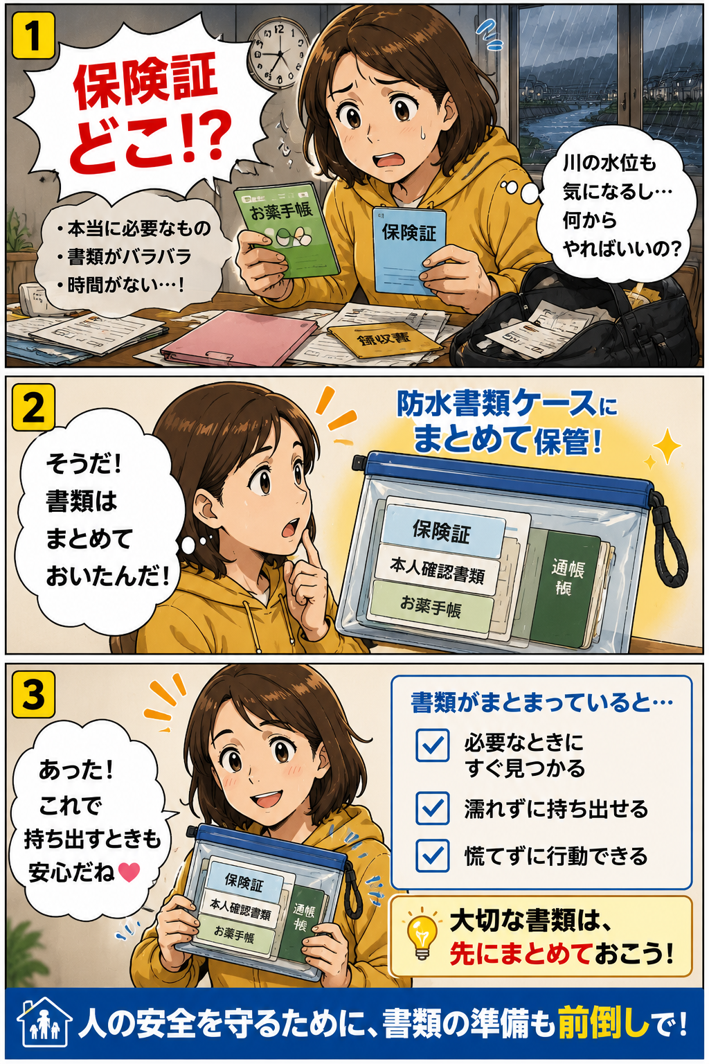 防水書類ケースに保険証やお薬手帳をまとめていて避難準備の焦りが少し軽くなる母親の漫画