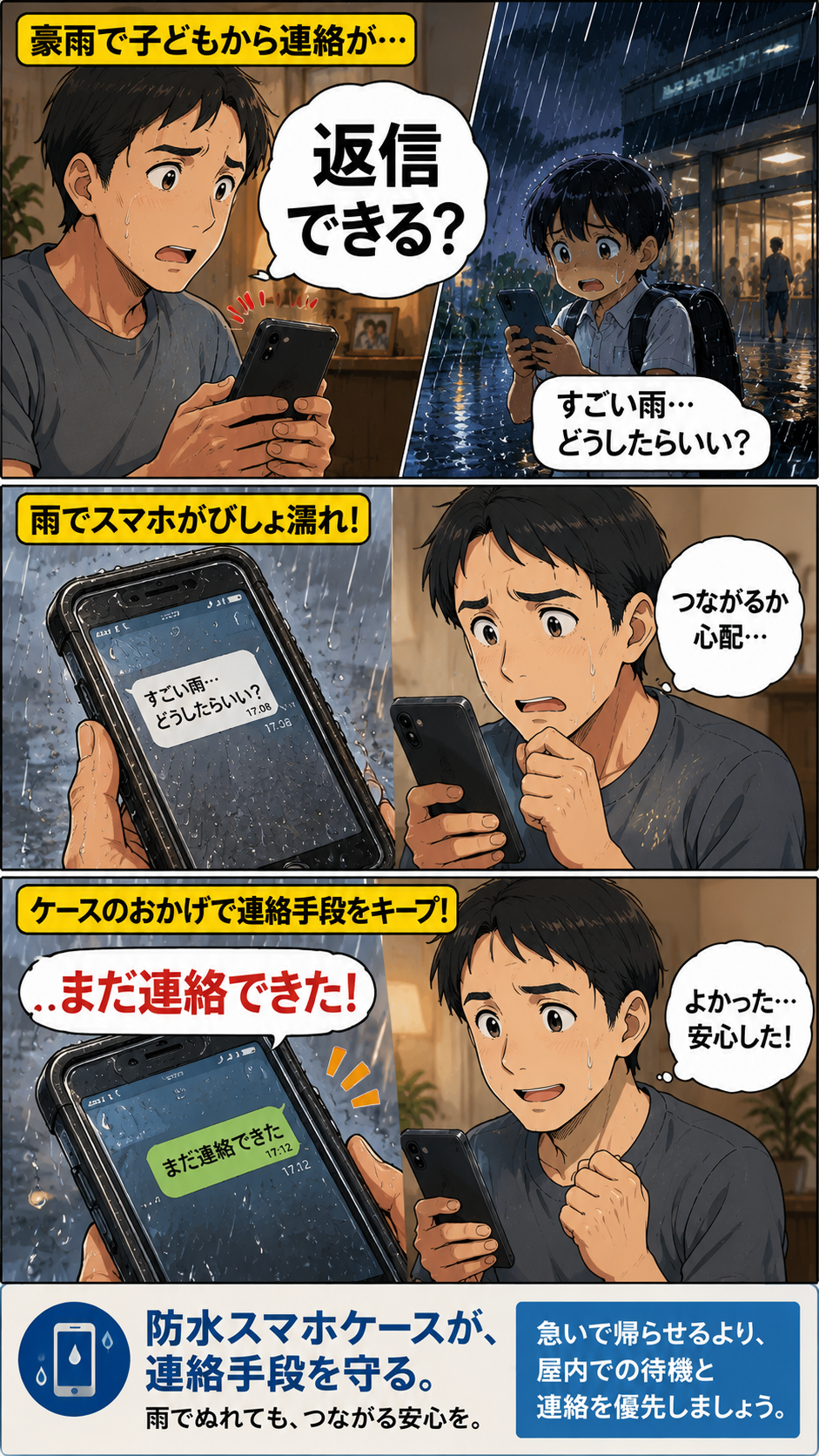 ゲリラ豪雨で子どものスマホが濡れても、防水スマホケースで連絡手段を残す商品紹介漫画