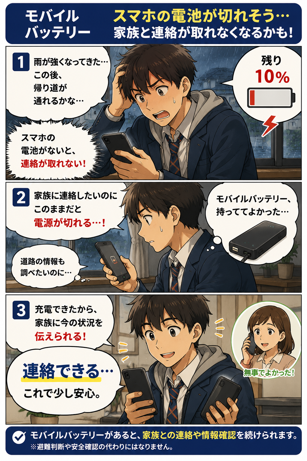 大雨で道路寸断が心配な中、高校生がモバイルバッテリーで家族との連絡を保つ漫画