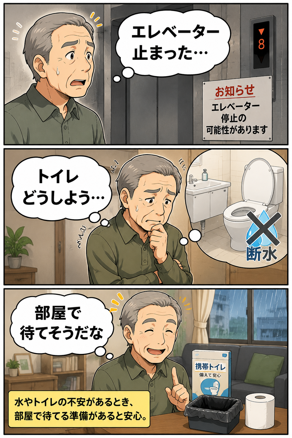 エレベーター停止や断水時に高齢の父が携帯トイレの準備で在宅待機の不安を少し軽くしている漫画