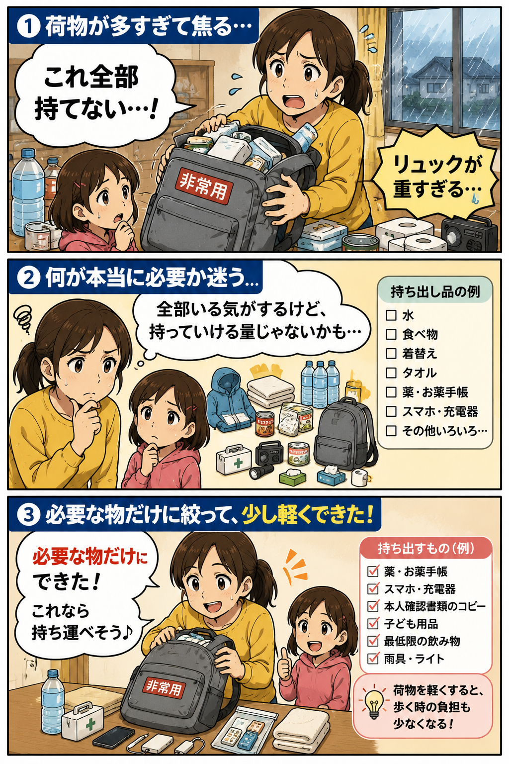 軽量防災リュックで避難時の荷物を必要な物だけに整理する親子の漫画