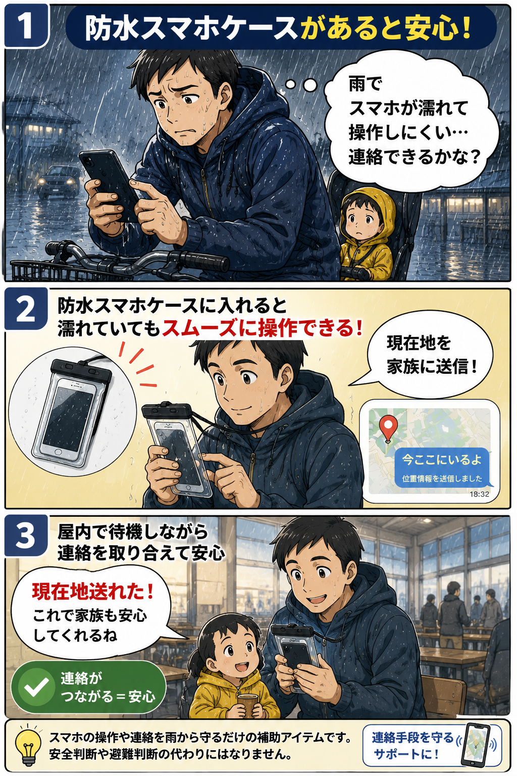 豪雨時に防水スマホケースで現在地共有をする父親と子どもの商品紹介漫画