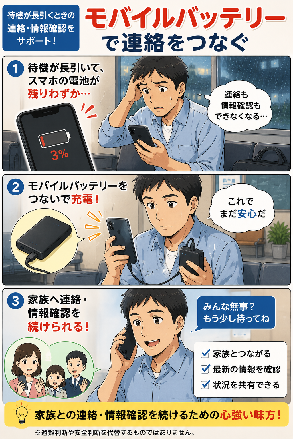 ゲリラ豪雨で待機中にスマホ残量が少なくなりモバイルバッテリーで家族連絡を続ける父親の漫画