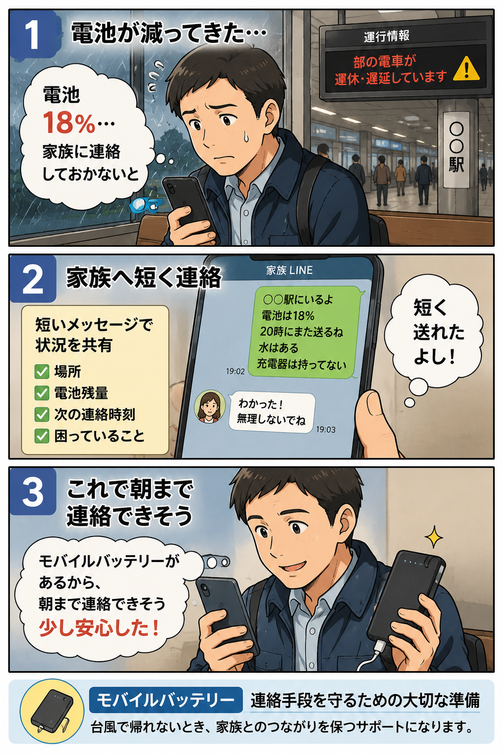 台風で帰宅が遅れる時にモバイルバッテリーで家族との連絡手段を残す漫画