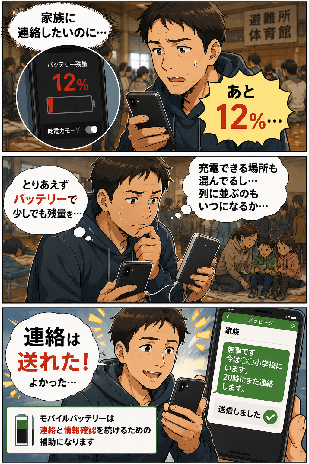 避難所でスマホ残量12%に焦る父親がモバイルバッテリーで家族へ連絡を送る漫画