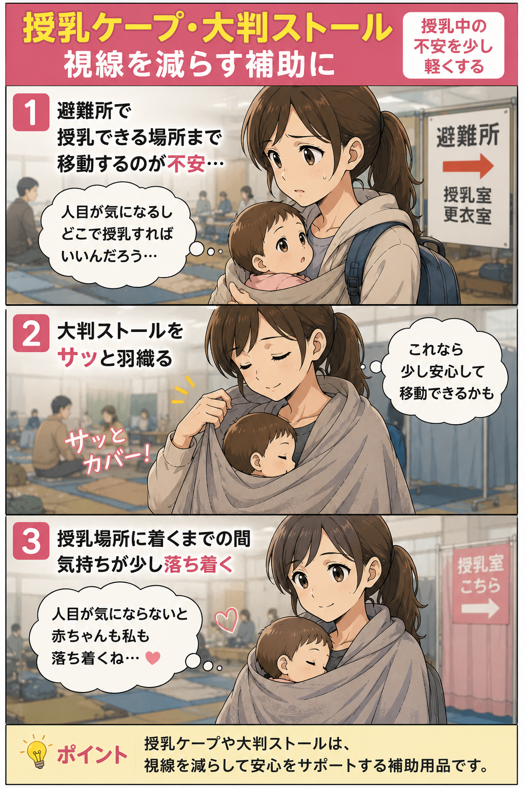避難所で母親が授乳ケープや大判ストールを羽織り授乳場所へ移動する不安を少し和らげる漫画