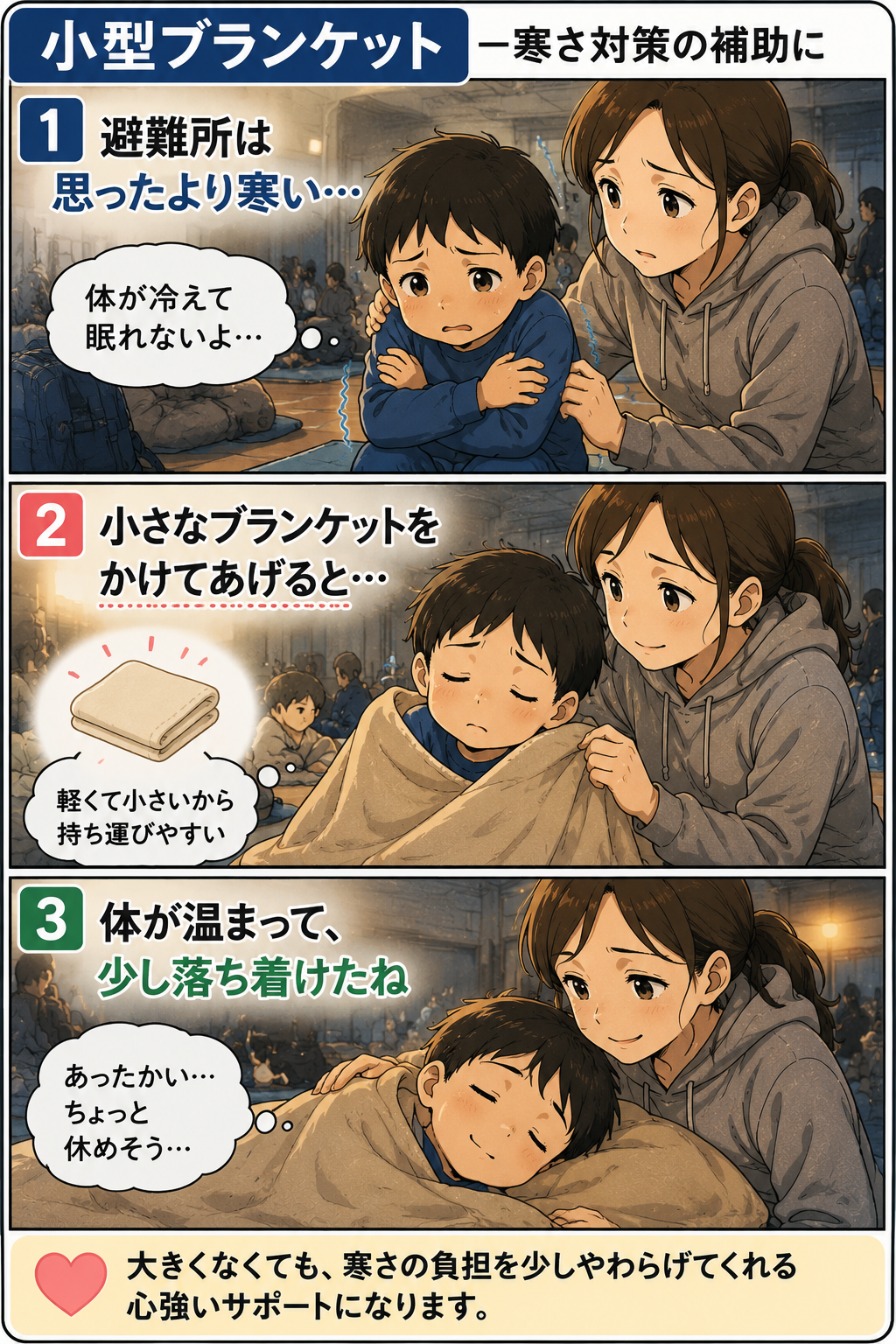 避難所で寒がる子どもが小型ブランケットで少し落ち着く漫画