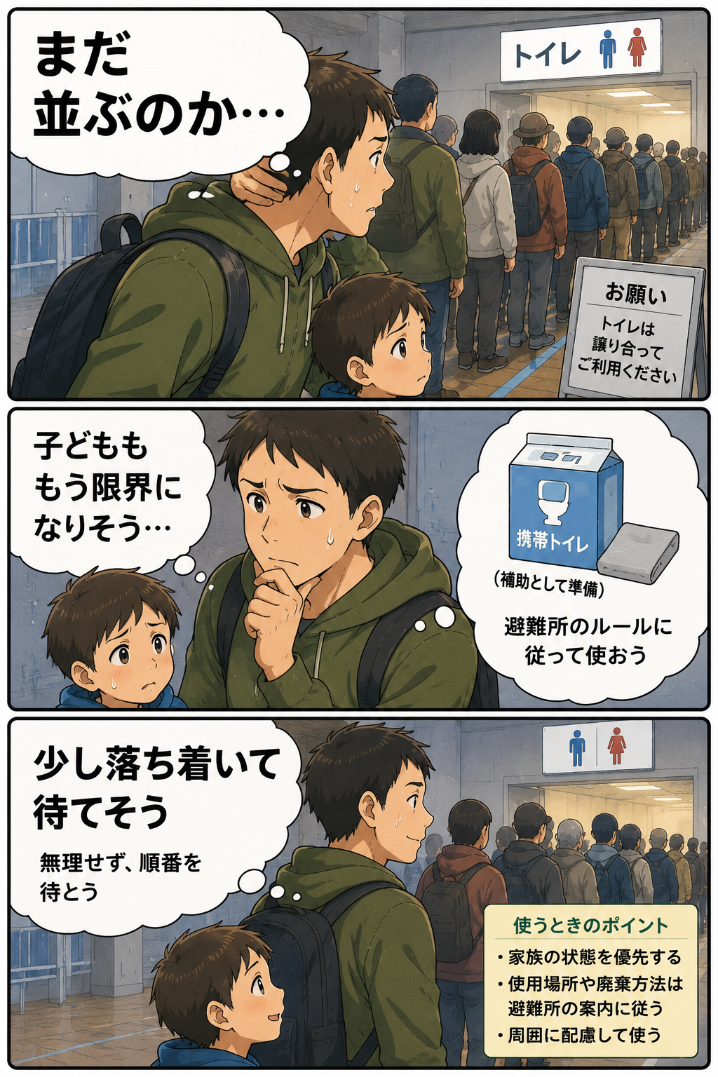 避難所の長いトイレ列に困る父親が携帯トイレを補助として意識する商品紹介漫画